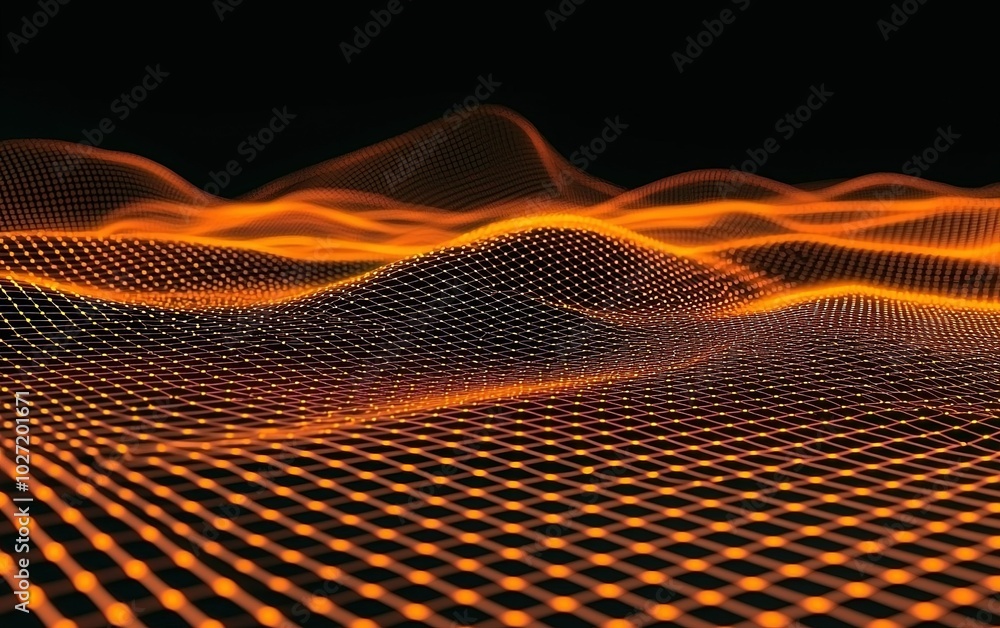 Poster abstract representation of dynamic waves using a network grid pattern illuminated in vibrant orange 