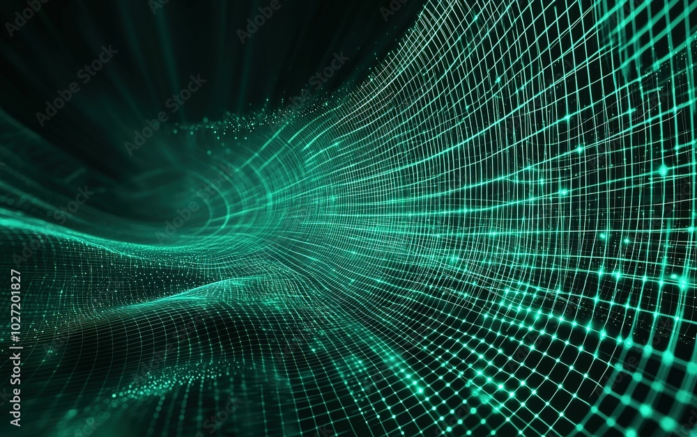 Poster dynamic green grid pattern illustrating digital waves flowing through a dark background
