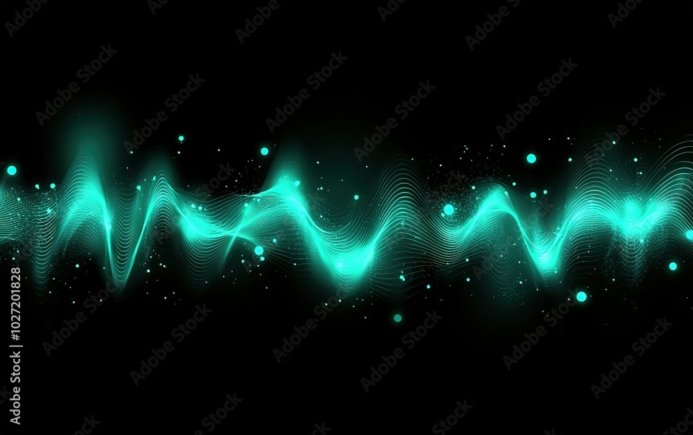 Poster dynamic sound wave visualization with glowing turquoise elements against a black background creates 