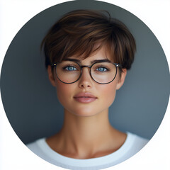 Headshot of an attractive woman with short hair, wearing glasses and business attire, in front of a futuristic background, with a circular blue frame. The image is professionally photographed, with pr
