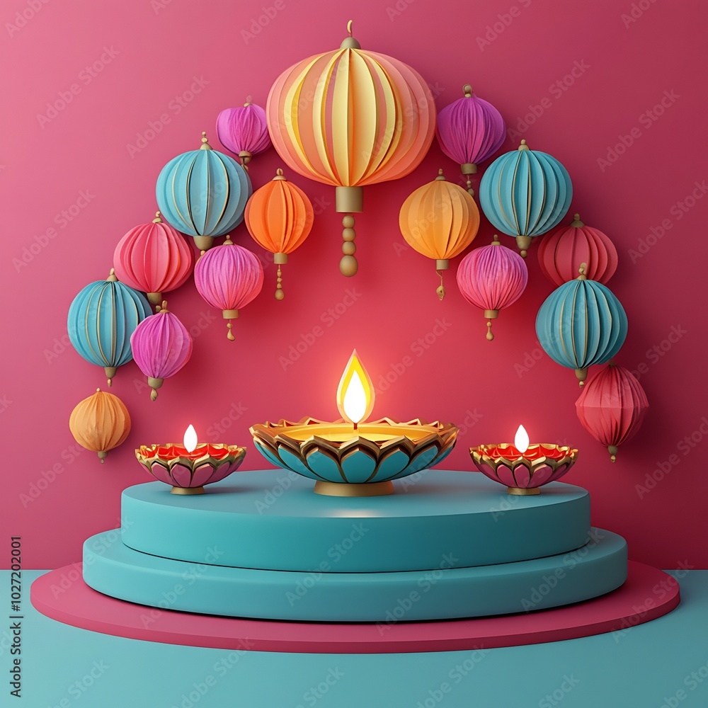 Poster charming 3d illustration of diwalithemed podium featuring an array of colorful paper lanterns and a 
