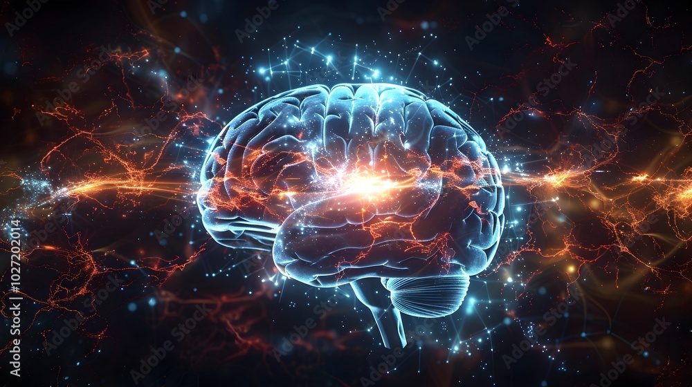 Poster glowing neural network symbolizing thought processes and mental energy