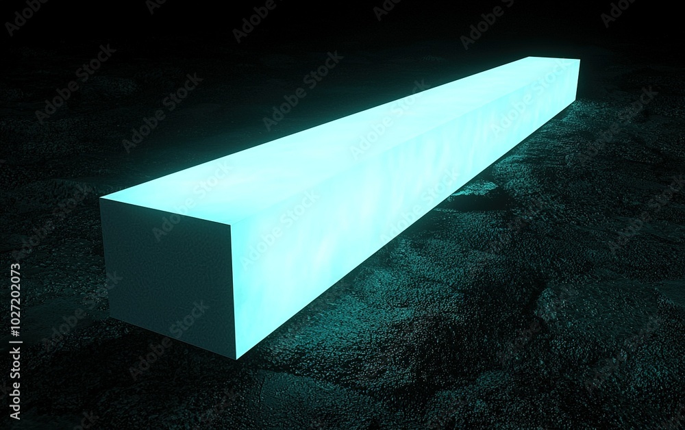 Poster a glowing cyan rectangular prism illuminated in a dark, abstract environment on a textured surface