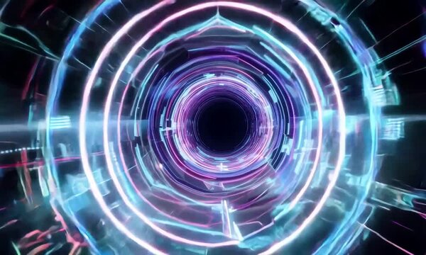 Futuristic digital time tunnel optical vision with 3d vortex illuminated by holographic energy flow