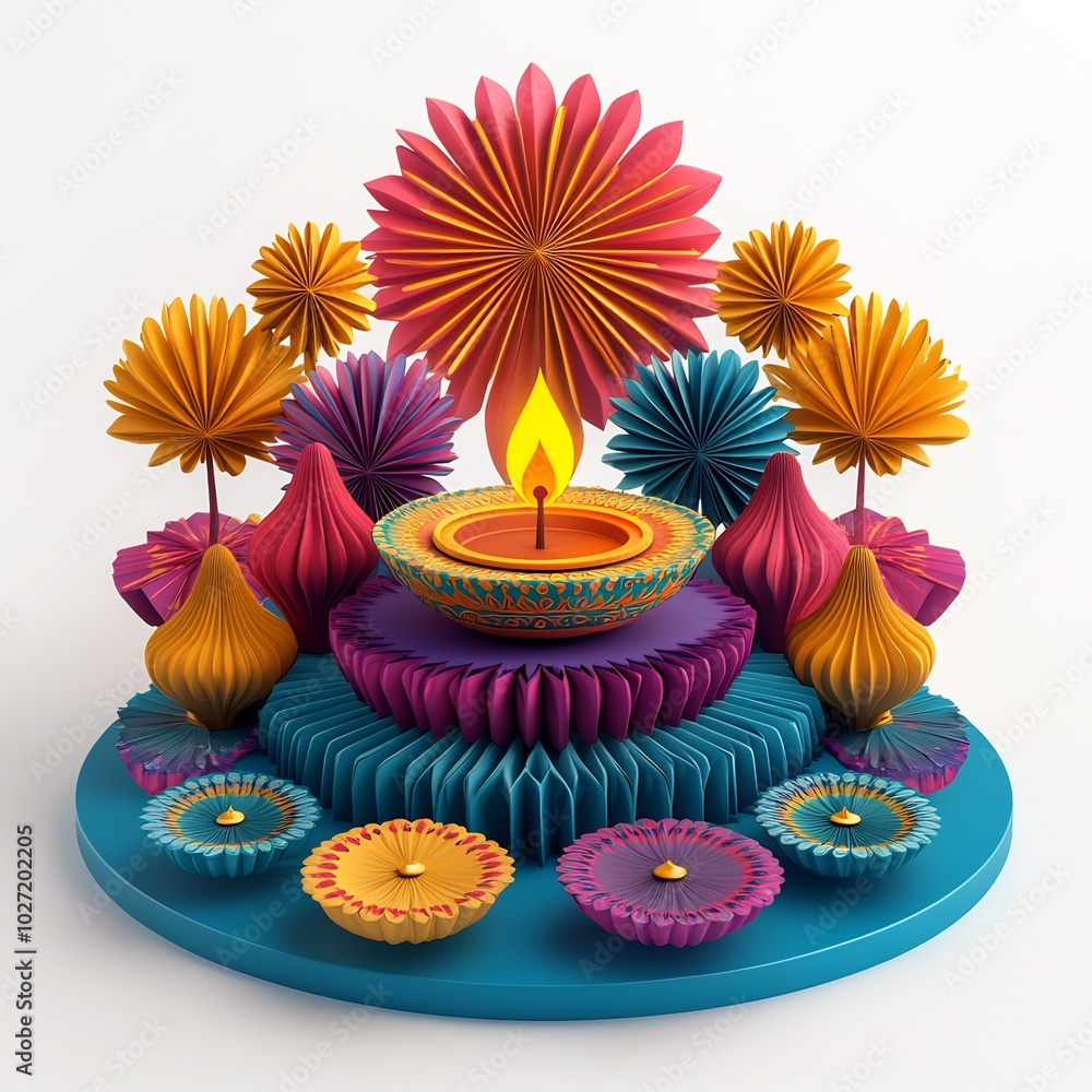 Poster charming 3d illustration of diwalithemed podium featuring an array of colorful paper lanterns and a 