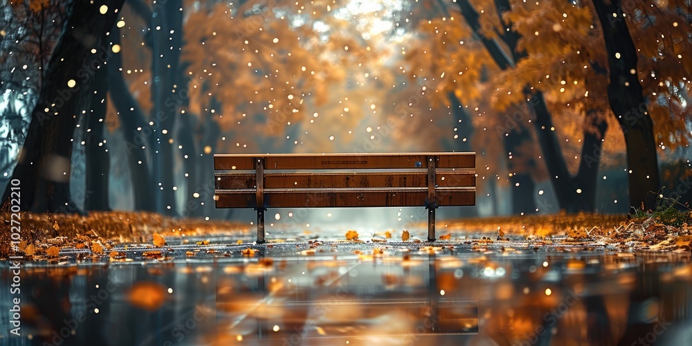 Poster an empty park bench in the rain, with a blurred background, blurred foreground, wet ground with pudd