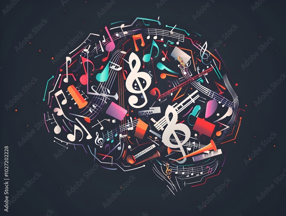 Poster musical brain exploring the intersection of music cognition and emotion in an abstract