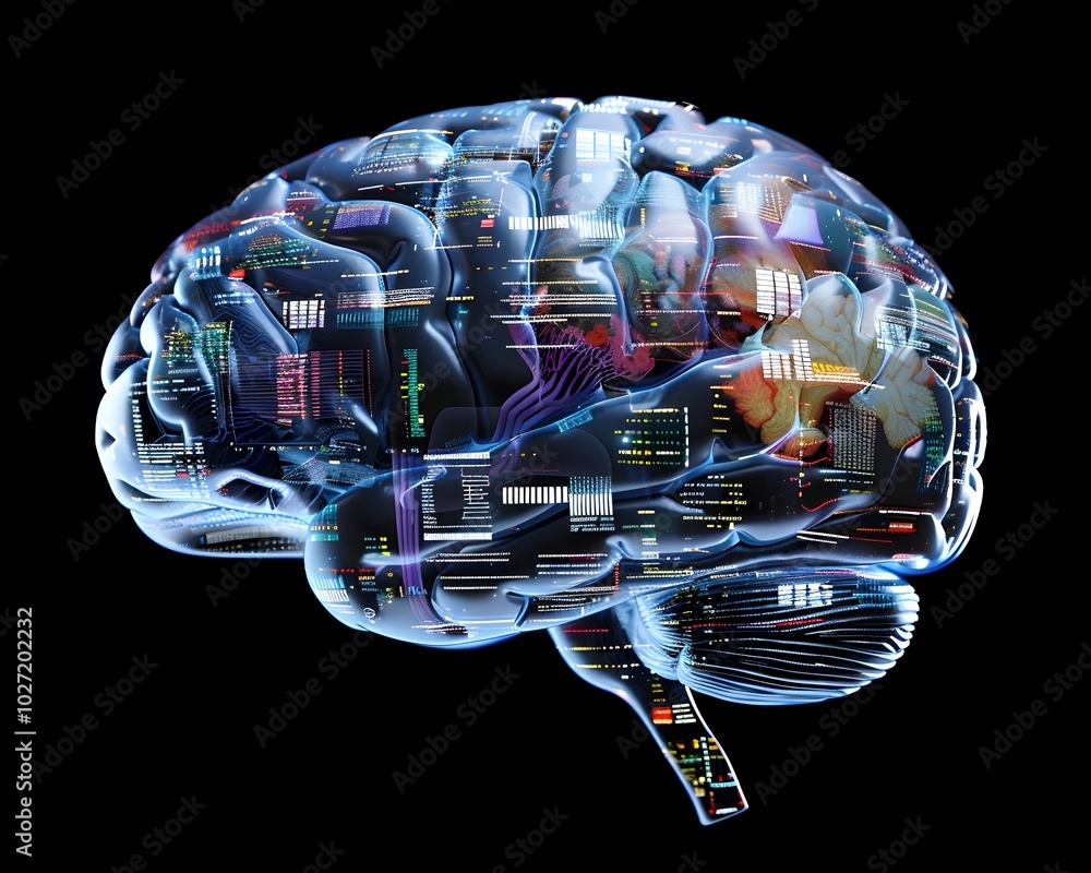 Poster digital brain screens displaying real time data and knowledge