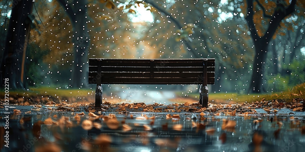 Poster an empty park bench in the rain, with a blurred background, blurred foreground, wet ground with pudd