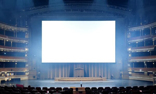 Rows of red chairs and an empty big screen with a magnificent stage