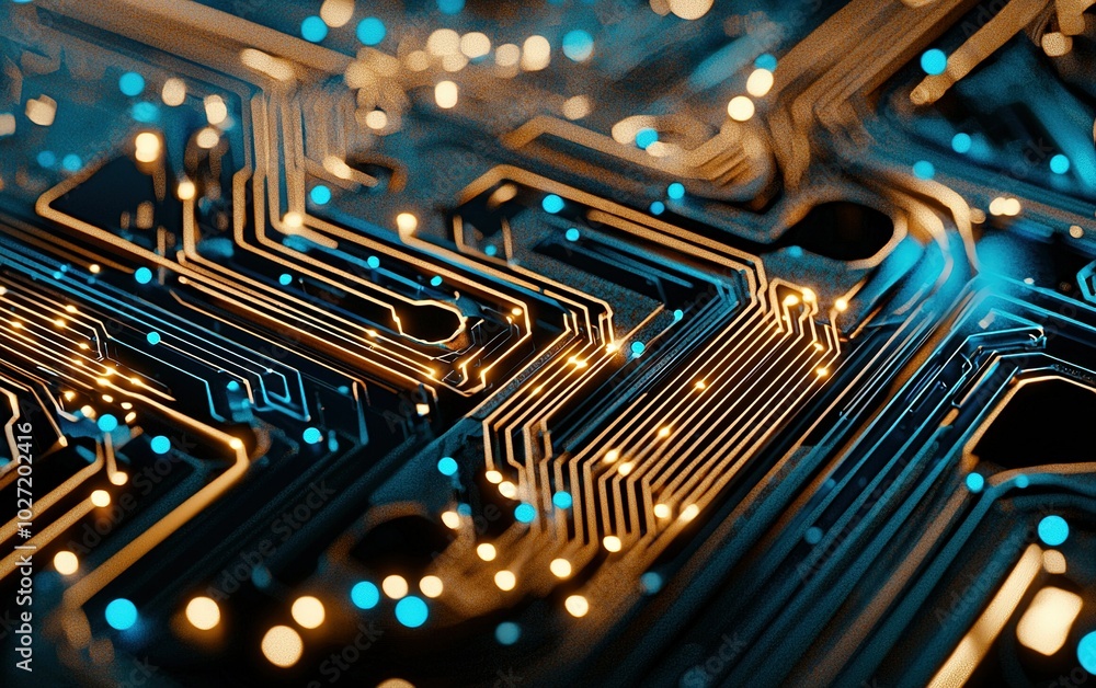 Poster close-up view of a circuit board with glowing connections and intricate pathways showcasing technolo