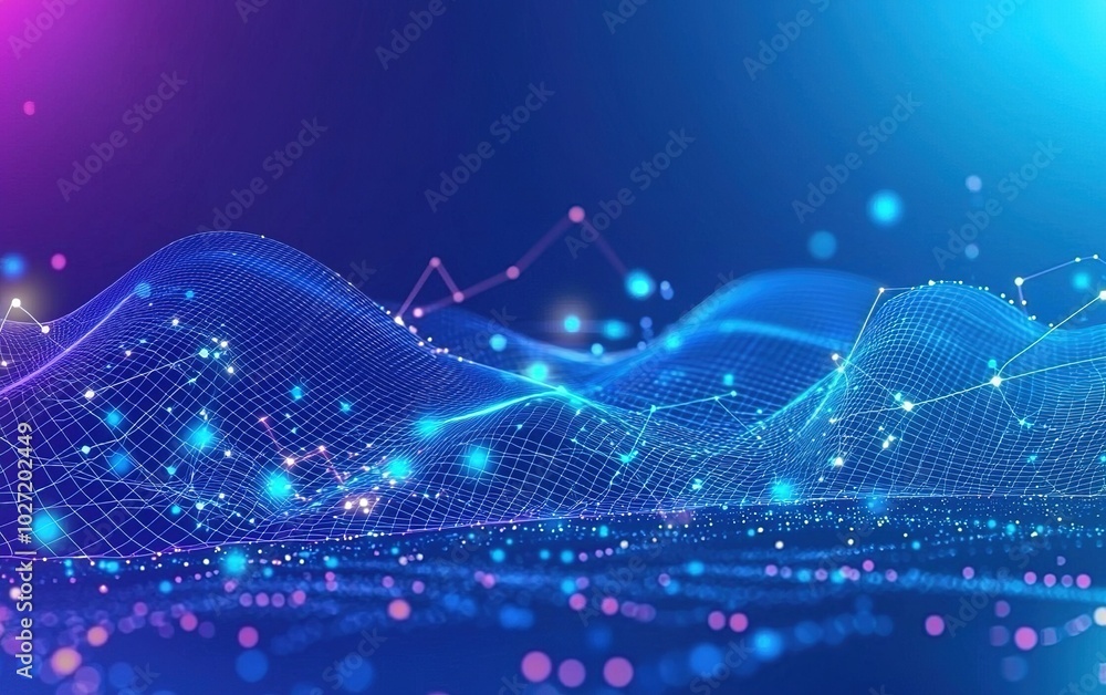 Poster visual representation of abstract digital waves with bright lights illustrating technology concepts