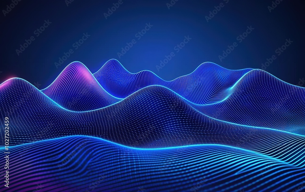 Poster digital wave patterns illuminated in blue and pink tones create a dynamic and futuristic landscape i