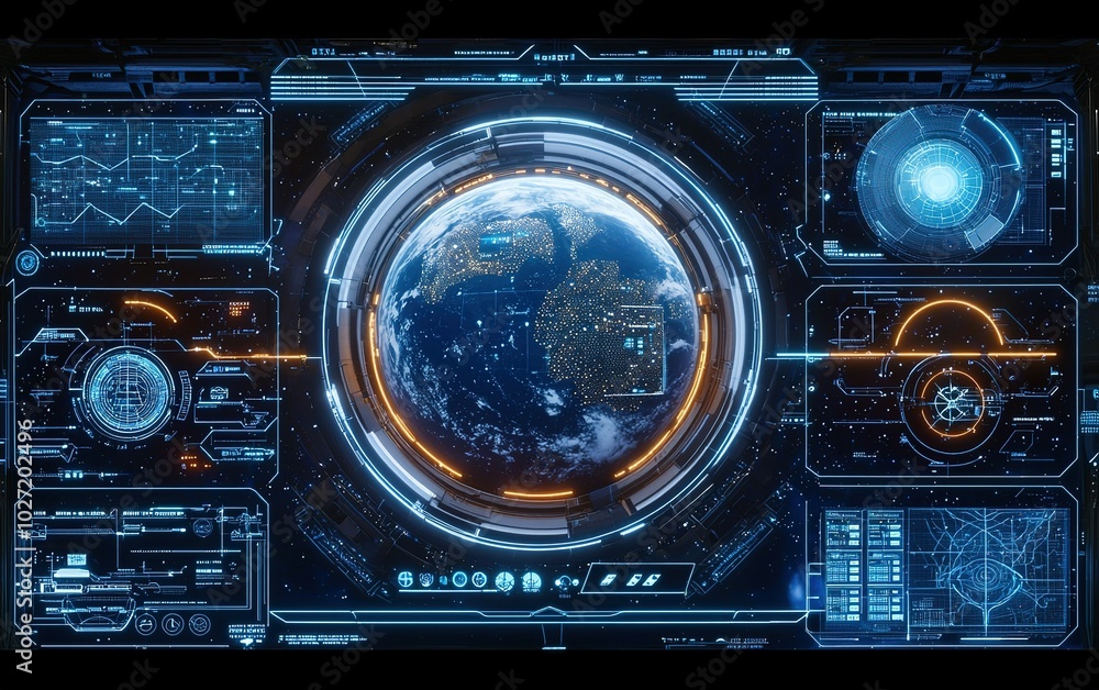 Aufkleber a futuristic display showcasing earth with digital interfaces and data at nighttime