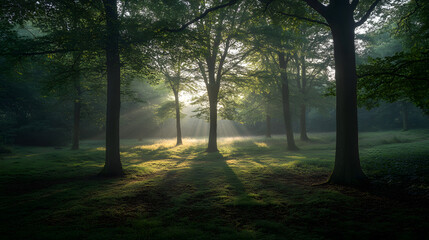 Sunbeams Through Trees in Misty Forest Clearing