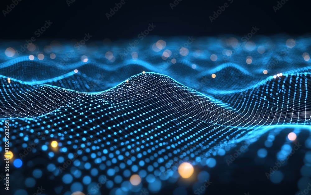 Poster abstract representation of digital waves illuminated by blue and yellow lights in a dark background 
