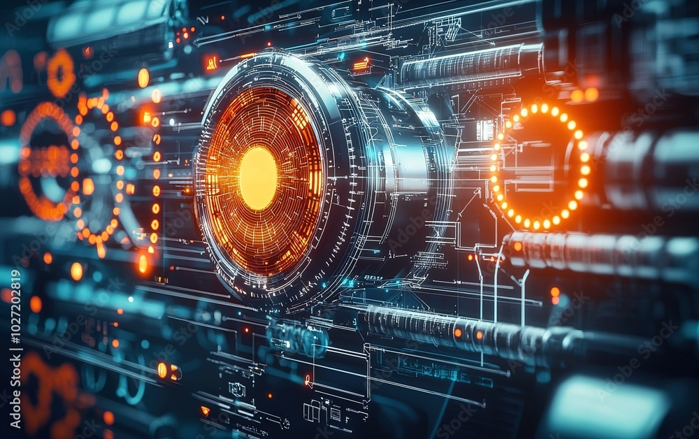 Poster futuristic digital technology interface with glowing circular elements in a dark setting