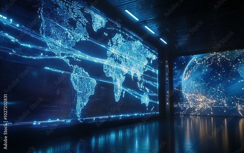 Poster futuristic digital display of the world map and globe in a high-tech environment at night showcasing