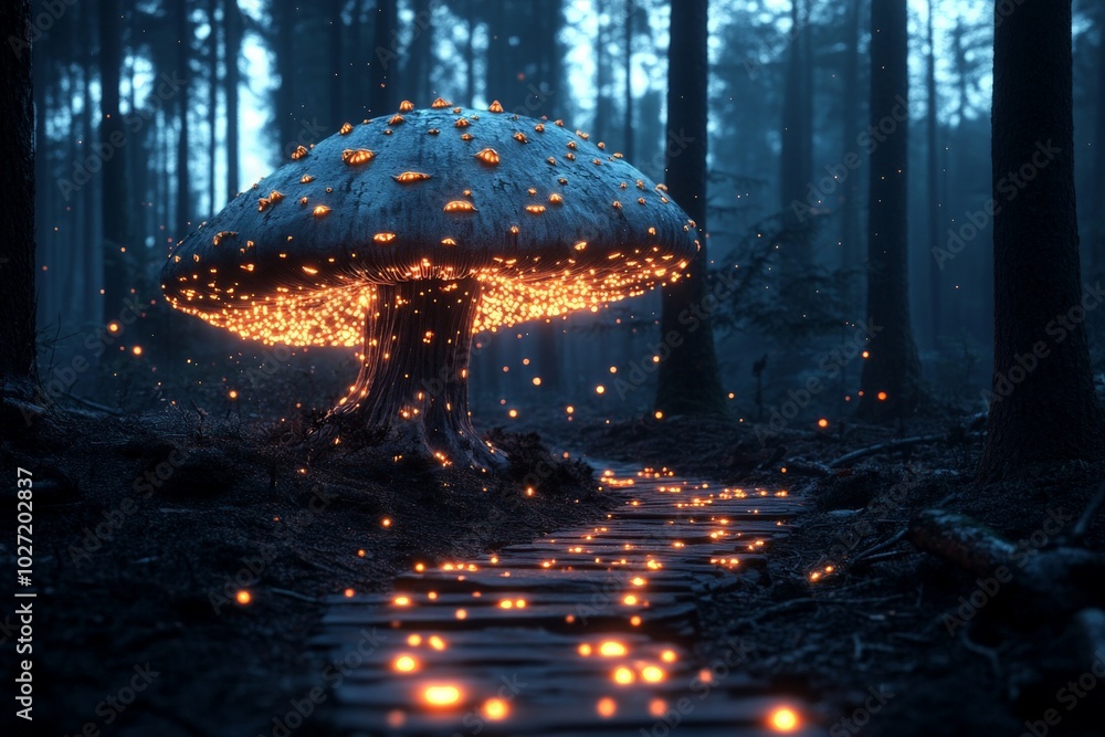Poster an enchanting image of a glowing mushroom casting a warm light on a forest path, creating a whimsica