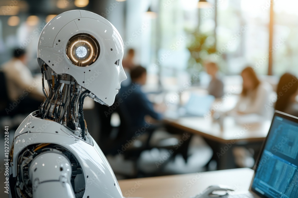 Poster a futuristic image depicting a robot focused on work in a modern office setting, symbolizing the int