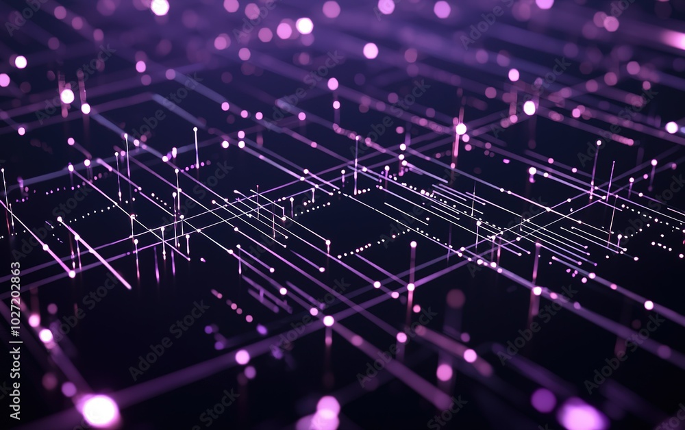 Poster abstract pattern of glowing purple lines and points creating a digital landscape in a dark space