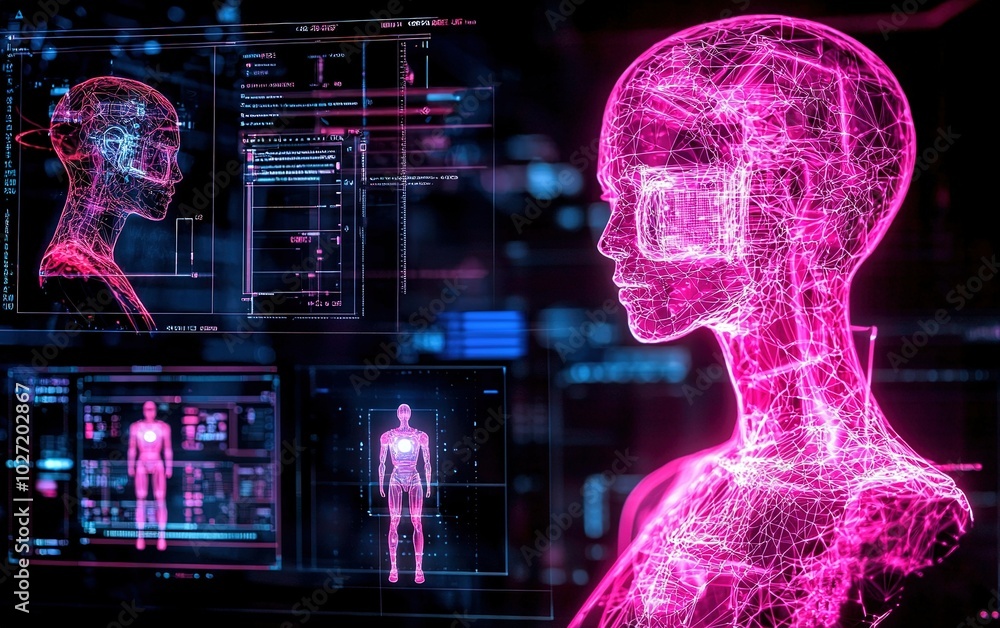 Poster futuristic digital representation of a humanoid figure with glowing circuits in a high-tech environm