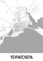 A detailed black and white map of Yevpatoria, a city in Ukraine. The map showcases the city's street network, including major roads and smaller streets. 