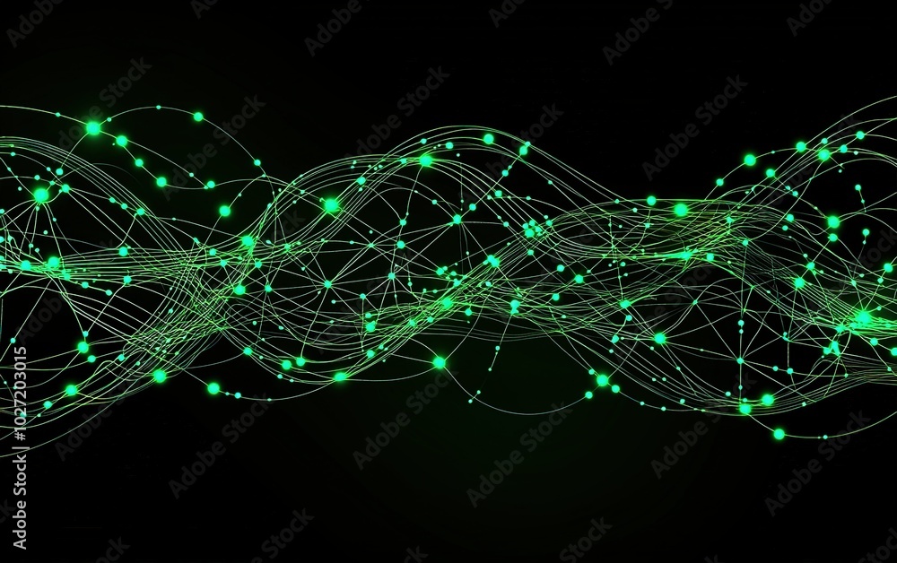 Poster abstract green wave pattern with glowing nodes against a black background illustrating connectivity 