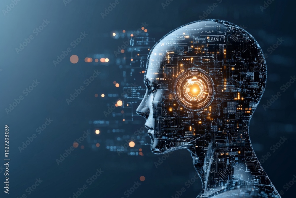 Poster a digital rendering of a humanoid figure with a circuit-like design, representing the fusion of tech