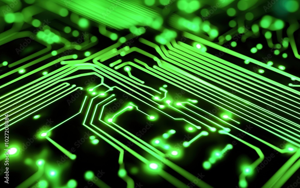 Poster close-up view of a green circuit board with intricate patterns and glowing connections in a digital 