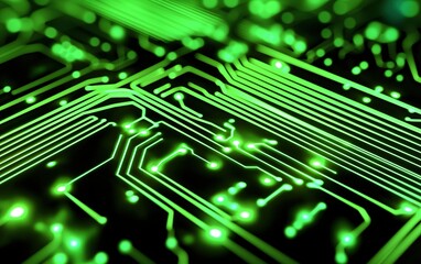Fototapeta premium Close-up view of a green circuit board with intricate patterns and glowing connections in a digital setting
