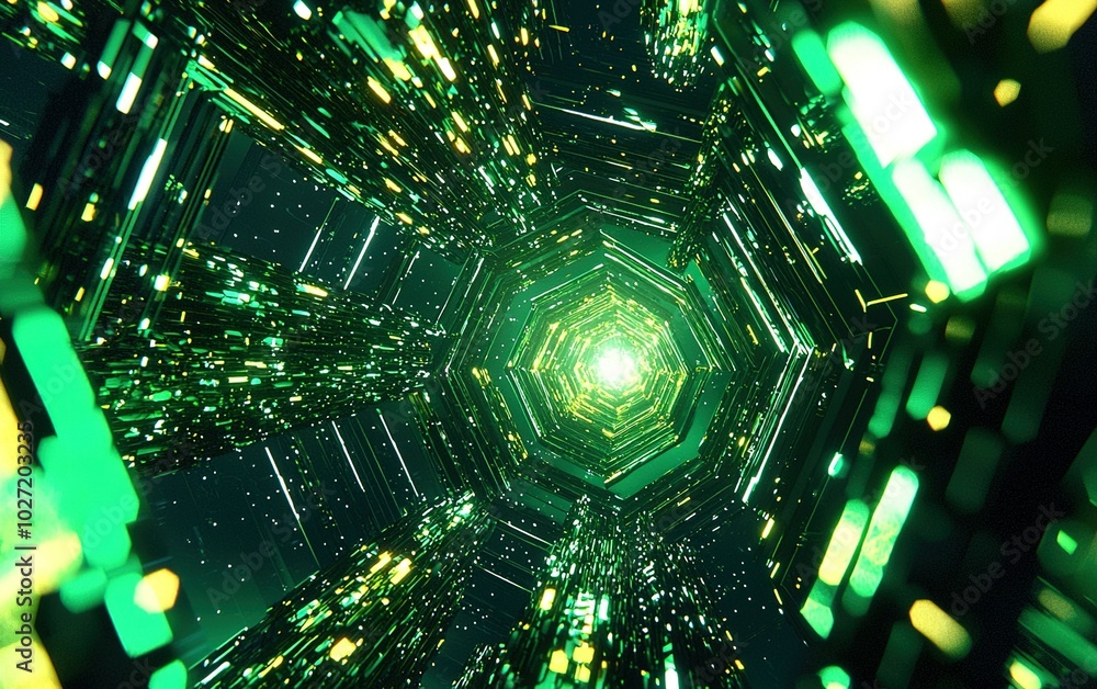 Poster Abstract visualization of a vibrant green digital vortex with illuminated particles at the center, creating a sense of depth and movement