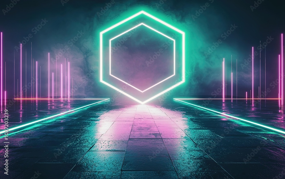 Poster a vibrant neon hexagon glows in a futuristic setting with reflections on a wet floor during a nightt