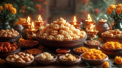 Cheerful Diwali product display highlighting traditional oil lamps festive snacks bright marigold flowers set against a light background captured in a delightful 3D render