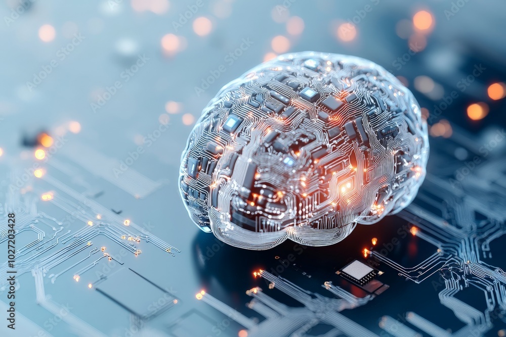 Poster a digital brain rests on an array of circuit boards, symbolizing the integration of advanced technol