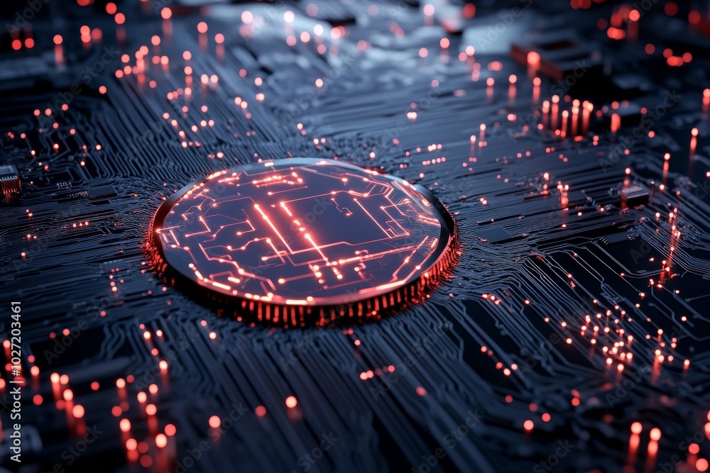 Poster an intricate circuit board glows red, symbolizing the heart of futuristic technology, highlighting t