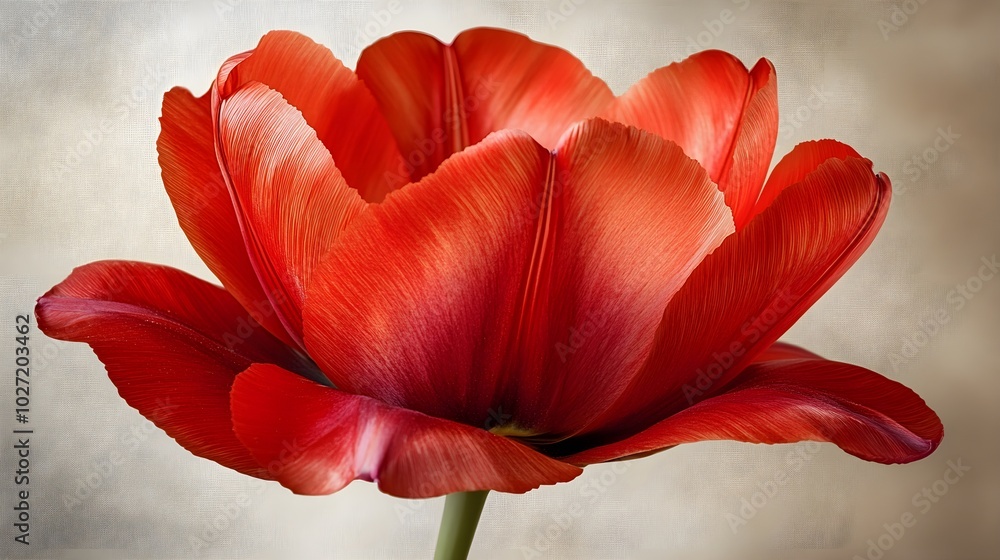 Wall mural a close-up of a vibrant red tulip, its bold petals in sharp contrast to the soft cream background, d