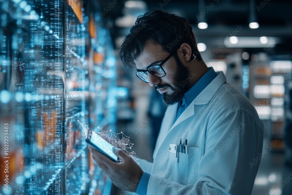 Poster a scientist, standing in a high-tech facility, is focused on a smartphone displaying holographic dat