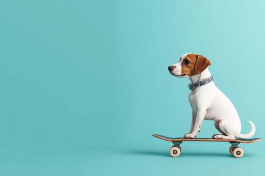 A playful dog is seen balancing skillfully on a skateboard, set against a striking blue background, highlighting the fun and adventurous spirit of the moment.