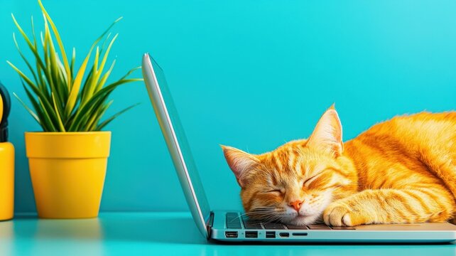 Tranquil Work-From-Home Environment: Organized Desk with Sleeping Cat and Laptop