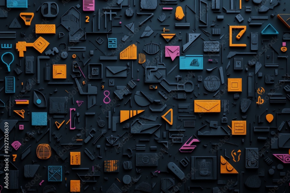Poster a complex 3d pattern consisting of various communication icons on a dark background, showcasing the 