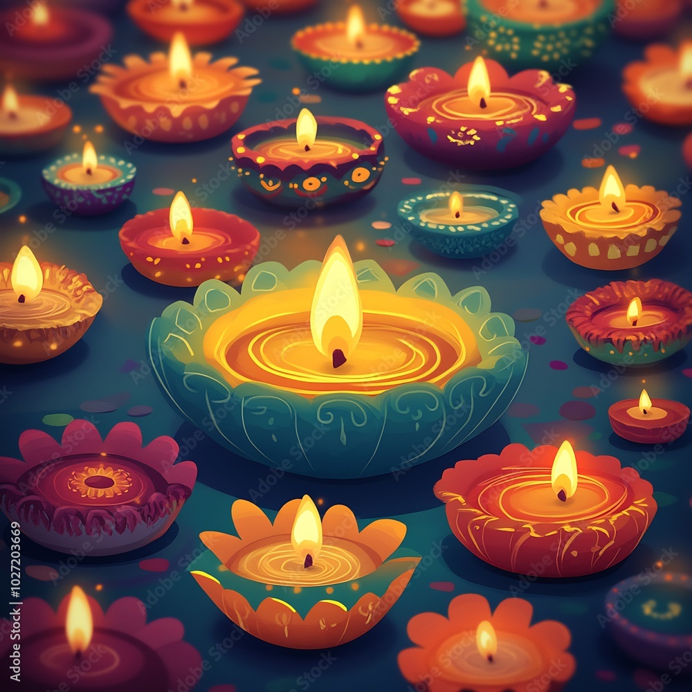 Poster cheerful happy diwali background showcasing array of colorful lamps and flickering candles rendered 