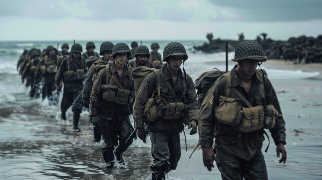 A group of soldiers are marching across a beach