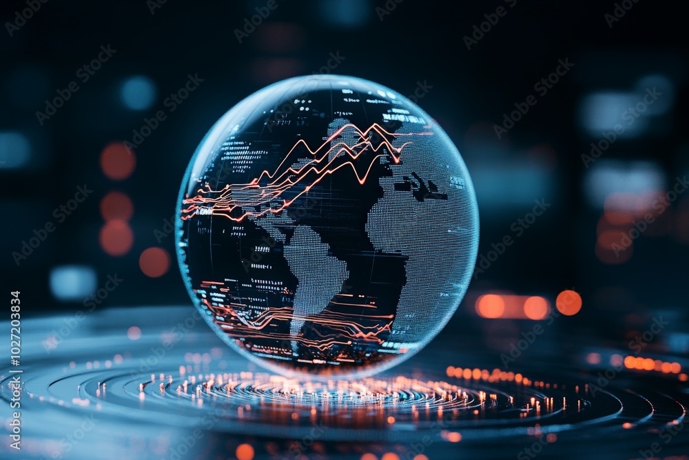 Poster a digital sphere displays global economic data, emphasizing the interconnectedness of the world econ