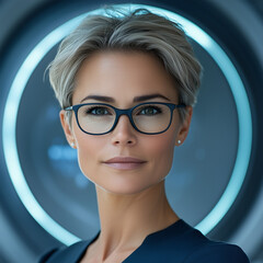 Headshot of an attractive woman with short hair, wearing glasses and business attire, in front of a futuristic background, with a circular blue frame. The image is professionally photographed, with pr