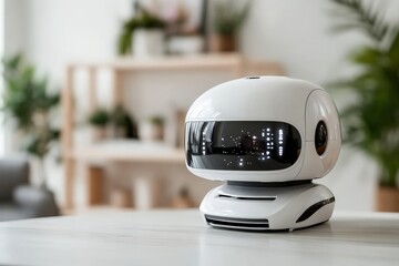 A modern, futuristic robot sits on a table in a home interior, surrounded by blurred plants and shelves, exuding a sense of technology and innovation.