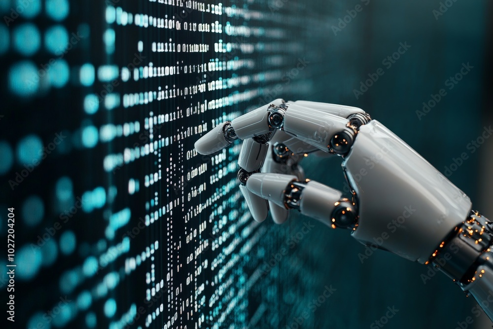 Poster an advanced robotic hand touches a digital display with blue pixels, representing the intersection o