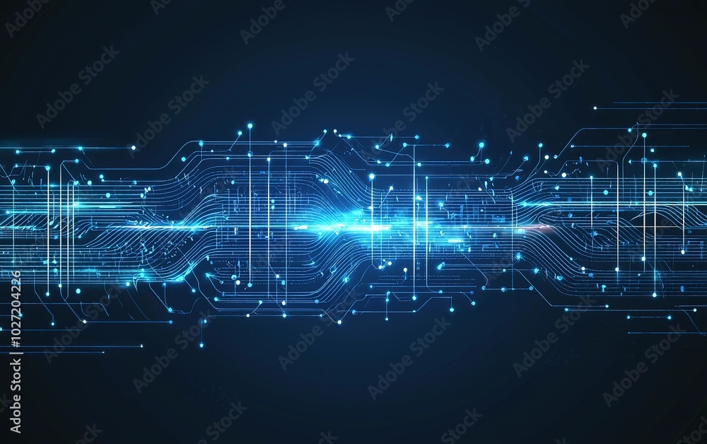 Poster abstract digital circuit design with glowing blue lines and particles on a dark background, showcasi