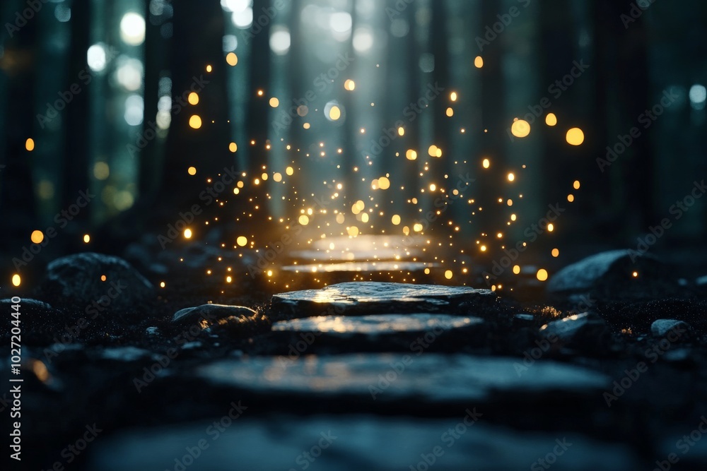 Poster an enchanting forest path is illuminated by the soft glow of numerous fireflies, creating a magical 