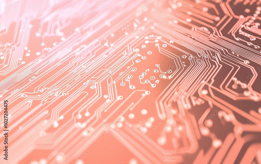 Poster intricate close-up of a copper circuit board with detailed pathways and connections in a modern elec